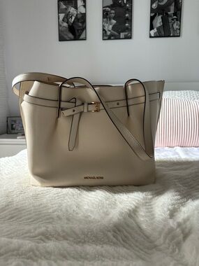 Michael Kors Beige Pebbled Leather Tote with Gold Hardware